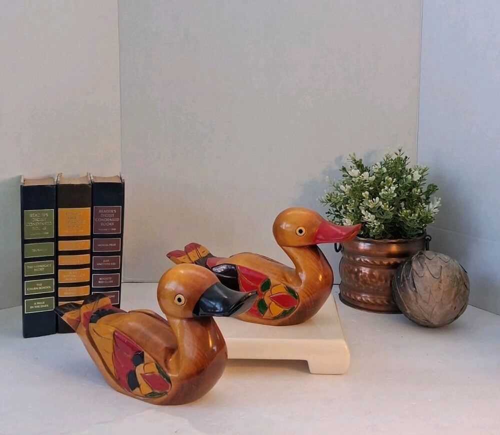 VTG Hand Carved Korean Wedding Ducks Set - Colorful 2 PC!